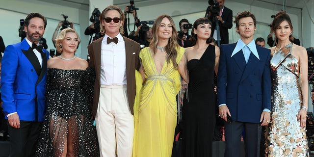 Olivia and Harry began working on "Don't Worry Darling" in 2020. The cast, from left to right, Nick Kroll, Florence Pugh, Chris Pine, Olivia Wilde, Sydney Chandle, Harry Styles and Gemma Chan at the 79 Venice International Film Festival 2022.