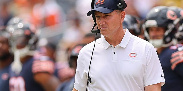 Head coach Matt Eberflus of the Chicago Bears looks on against the Kansas City Chiefs during the preseason game at Soldier Field in Chicago on Aug. 13, 2022.
