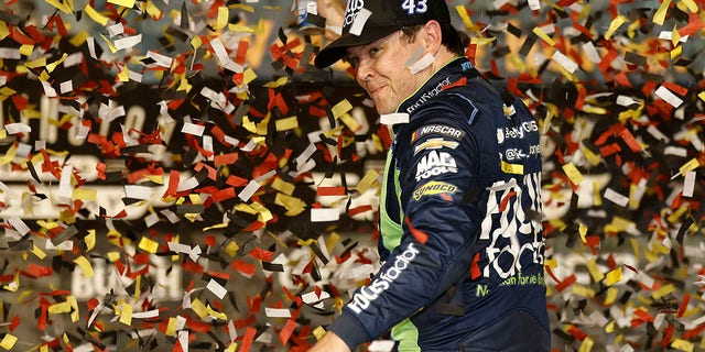 Erik Jones celebrates in victory lane after winning the NASCAR Cup Series Cook Out Southern 500 at Darlington Raceway on September 04, 2022.