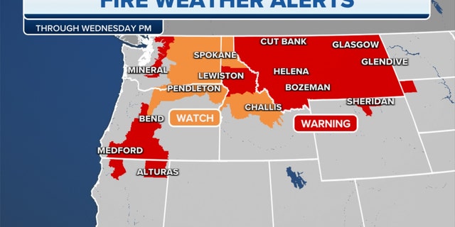 Fire weather alerts in the West through Wednesday night