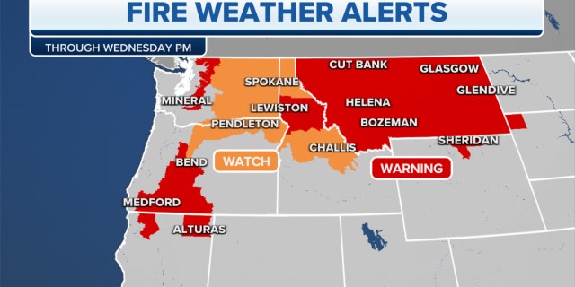 Fire weather alerts in the West through Wednesday night