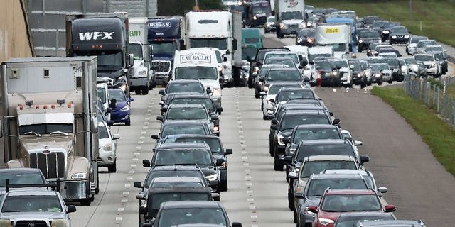 Heavy traffic moved slowly on I-4 East as residents evacuated the Gulf Coast of Florida in advance of the arrival of Hurricane Ian on Sept. 27, 2022 in Four Corners, Florida. 
