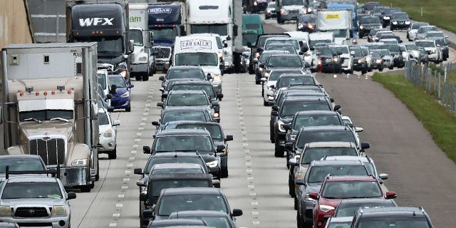 Heavy traffic moved slowly on I-4 East as residents evacuated the Gulf Coast of Florida in advance of the arrival of Hurricane Ian on Sept. 27, 2022 in Four Corners, Florida. 