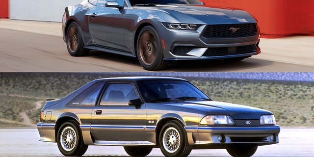 The 2024 Mustang's V-8 shares its 5.0-liter displacement with the Fox Body's.