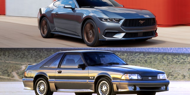 The 2024 Mustang's V-8 shares its 5.0-liter displacement with the Fox Body's.