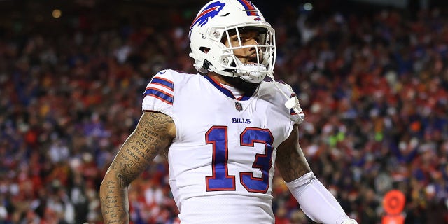 Gabriel Davis of the Buffalo Bills celebrates after scoring a touchdown against the Kansas City Chiefs during the fourth quarter of the AFC divisional playoff game at Arrowhead Stadium in Kansas City, Missouri, on Jan. 23, 2022.