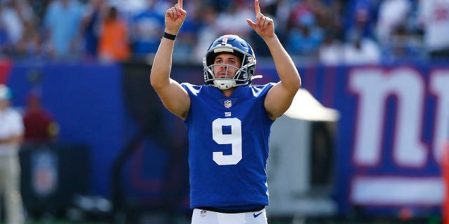 New York Giants kicker Graham Gano reacts after kicking a field goal against the Carolina Panthers, Sept. 18, 2022, in East Rutherford, New Jersey.