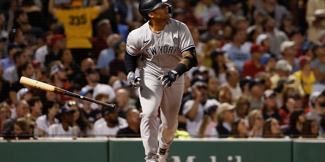 Gleyber Torres #25 of the New York Yankees watches a hit against the Boston Red Sox during the fifth inning at Fenway Park on August 12, 2022 in Boston, Massachusetts.