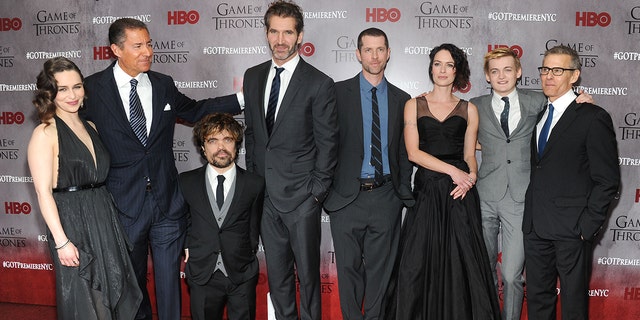 Emilia Clarke, Richard Plepler, Peter Dinklage, David Benioff, D.B. Weiss, Lena Headey, Jack Gleeson and Michael Lombardo attend the "Game Of Thrones" Season 4 New York premiere at Avery Fisher Hall, Lincoln Center on March 18, 2014 in New York City.  