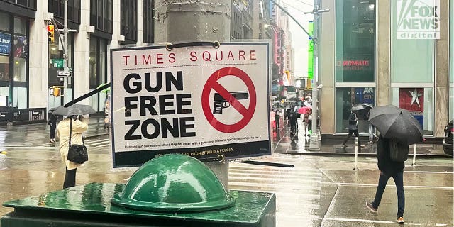 A sign was erected near West 47th Street and Sixth Avenue in New York City.