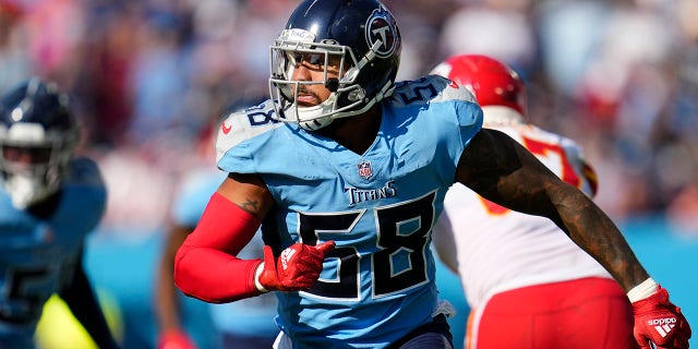 Harold Landry of the Tennessee Titans defends during an NFL game against the Kansas City Chiefs at Nissan Stadium in Nashville, Tennessee, on Oct. 24, 2021.