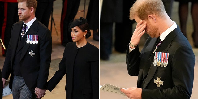 Prince Harry and Meghan Markle holding hands during services for the late Queen Elizabeth II.