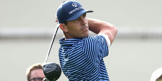 Billy Horschel of The United States plays a shot during a practice round prior to the BMW PGA Championship at Wentworth Golf Club on September 06, 2022 in Virginia Water, England.