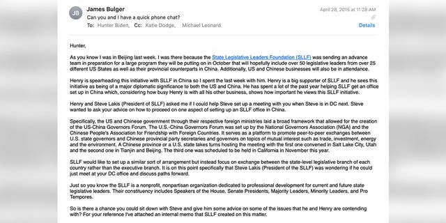 Hunter Biden's business associate Jimmy Bulger said the President of SLLF wanted to ask Hunter for "advice on how to proceed on one aspect of setting up an SLLF office in China."