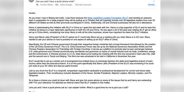 Hunter Biden's business associate Jimmy Bulger said the President of SLLF wanted to ask Hunter for "advice on how to proceed on one aspect of setting up an SLLF office in China."