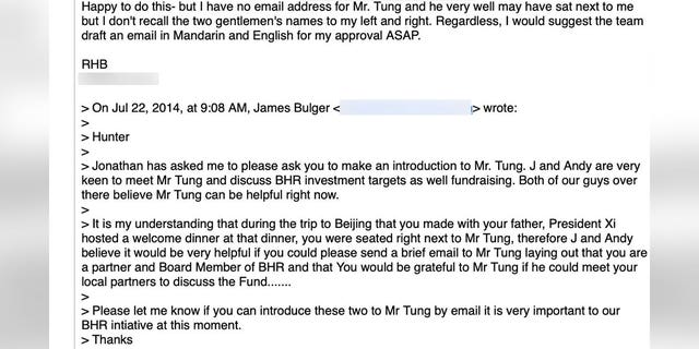 In July 2014, Hunter Biden said he would be "happy" to help introduce BHR CEO Jonathan Li and BHR committee person Andy Lu to "Mr. Tung," who refers to Tung Chee-hwa, the vice-chairman of the Chinese People's Political Consultative Conference (CPPCC) at the time.