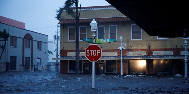 A flooded street in downtown Fort Myers, Florida, as Hurricane Ian makes landfall, Sept. 28, 2022.