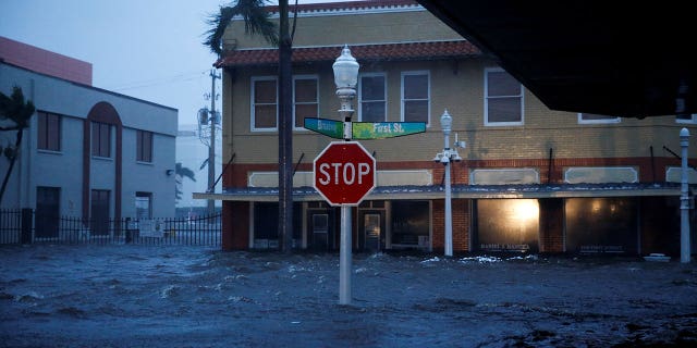 A flooded street in downtown Fort Myers, Florida, as Hurricane Ian makes landfall, Sept. 28, 2022.