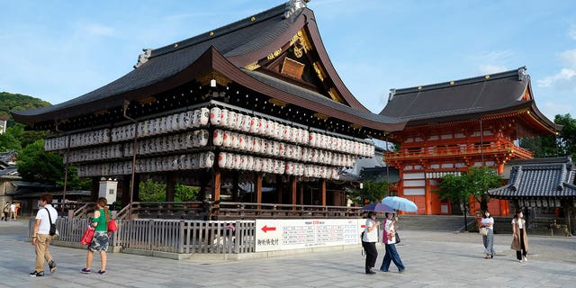 The Yasaka shrine in Kyoto, Japan, was once a popular tourism spot for foreigners. Since the pandemic, Japan has shut its doors to overseas visitors along with the revenue they bring to the country. Pictured: The empty Yasaka shrine photographed two years after the pandemic on June 26, 2022.