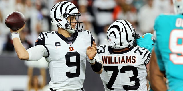 Quarterback Joe Burrow #9 of the Cincinnati Bengals passes during the 1st half of the game against the Miami Dolphins at Paycor Stadium on September 29, 2022 in Cincinnati, Ohio.