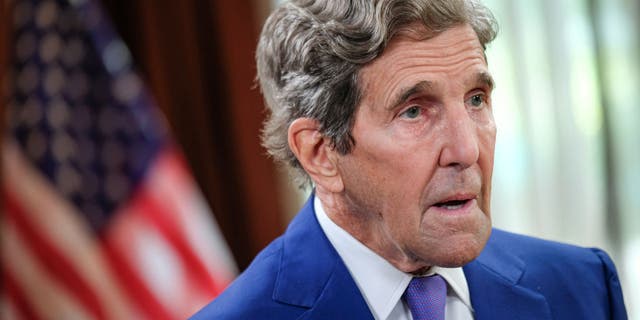 John Kerry, US special presidential envoy for climate, speaks during a Bloomberg Television interview in Hanoi, Vietnam, on Monday, Sept.  5, 2022. Kerry is "hopeful" that climate talks with China will resume after discussions stalled following House Speaker Nancy Pelosi's visit to Taiwan last month.  Photographer: Linh Pham/Bloomberg via Getty Images