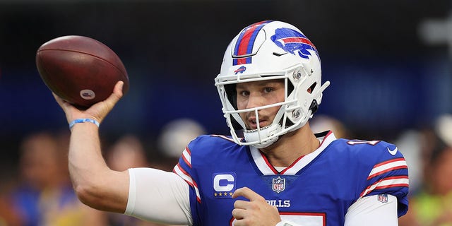 Quarterback Josh Allen of the Buffalo Bills warms up before the game against the Los Angeles Rams at SoFi Stadium in Inglewood, California, on Sept. 8, 2022.