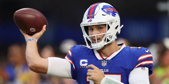 Quarterback Josh Allen of the Buffalo Bills warms up before the game against the Los Angeles Rams at SoFi Stadium in Inglewood, California, on Sept. 8, 2022.