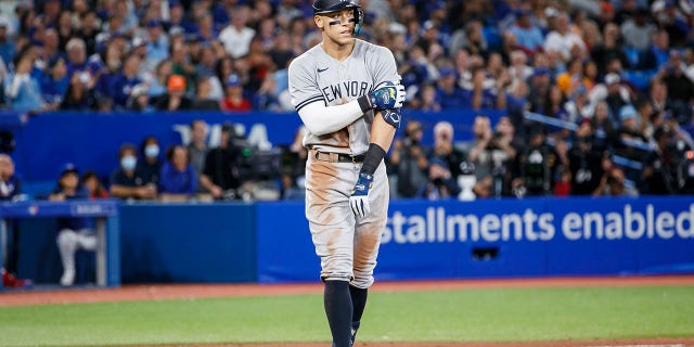 Aaron Judge of the New York Yankees walks in the eighth inning of a game against the Toronto Blue Jays at Rogers Centre Sept. 27, 2022, in Toronto.
