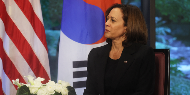 US Vice President Kamala Harris holds a bilateral meeting with South Korea's Prime Minister Han Duck-soo (not pictured) in Tokyo on September 27, 2022, ahead of the state funeral for the former Japanese prime minister Shinzo Abe. (Photo by LEAH MILLIS / POOL / AFP) (Photo by LEAH MILLIS/POOL/AFP via Getty Images)