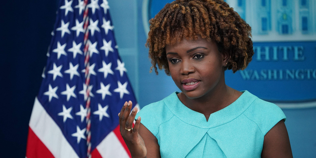 White House Press Secretary Karine Jean-Pierre speaks during the daily briefing in the James S Brady Press Briefing Room of the White House in Washington, DC.