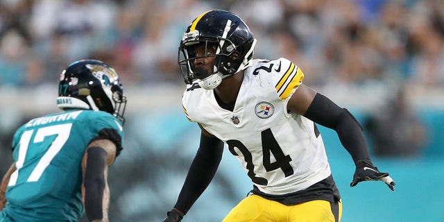 Damontae Kazee (24) of the Pittsburgh Steelers defends during the first half of a preseason game against the Jacksonville Jaguars at TIAA Bank Field Aug. 20, 2022, in Jacksonville, Fla.