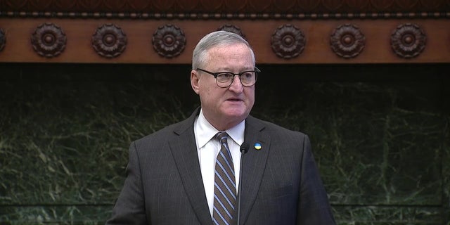 Philadelphia Mayor Jim Kenney talks to reporters Tuesday about an executive order banning guns and other deadly weapons from city recreation facilities, including rec center buildings, courts, fields, playgrounds, and pools.