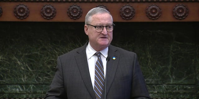 Philadelphia Mayor Jim Kenney talks to reporters Tuesday about an executive order banning guns and other deadly weapons from city recreation facilities, including rec center buildings, courts, fields, playgrounds, and pools.