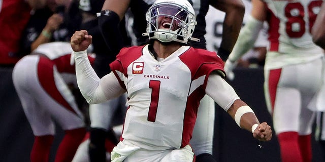 Kyler Murray (1) of the Arizona Cardinals celebrates after a touchdown against the Las Vegas Raiders in the fourth quarter at Allegiant Stadium Sept. 18, 2022, in Las Vegas.