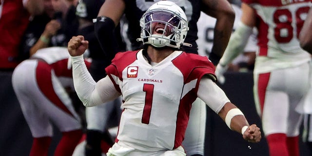 Kyler Murray (1) of the Arizona Cardinals celebrates after a touchdown against the Las Vegas Raiders in the fourth quarter at Allegiant Stadium Sept. 18, 2022, in Las Vegas.