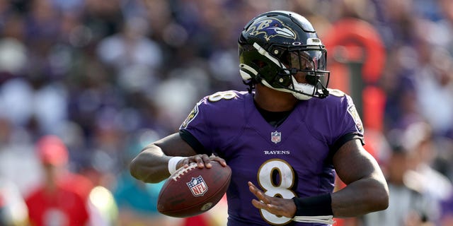 Quarterback Lamar Jackson #8 of the Baltimore Ravens throws a pass against the Miami Dolphins at M&amp;amp;T Bank Stadium on Sept. 18, 2022 in Baltimore, Maryland.