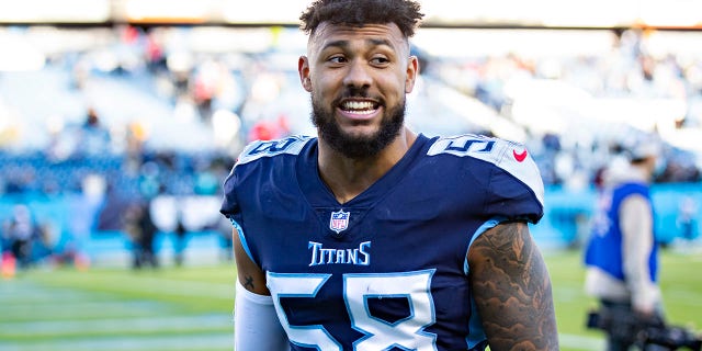 Tennessee Titans linebacker Harold Landry walks off the field after a game against the Jacksonville Jaguars at Nissan Stadium in Nashville, Tennessee, on Dec. 12, 2021.