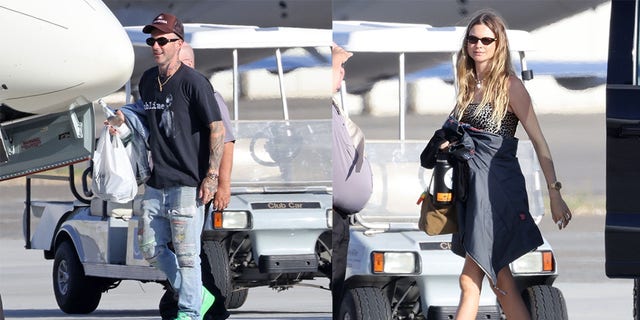 Adam Levine and Behati Prinsloo jet out of Santa Barbara for a couple's getaway as Maroon 5 announce Vegas residency.