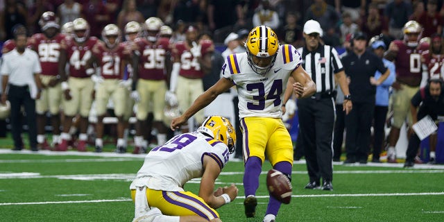 LSU Tigers kicker Damian Ramos #34 kicks in time out against the Seminoles of Florida on Sept. 4, 2022 at the Caesars Superdome in New Orleans, Louisiana.