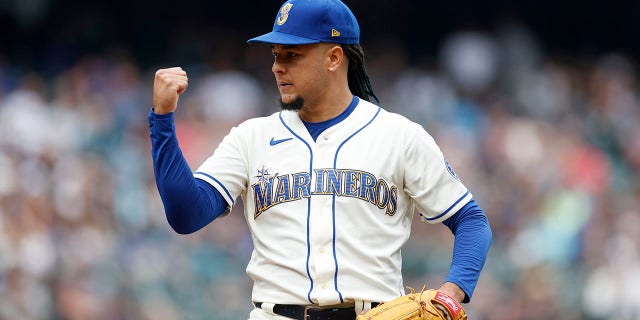 Luis Castillo #21 of the Seattle Mariners reacts during the third inning against the San Diego Padres at T-Mobile Park on Sept. 14, 2022 in Seattle, Washington.
