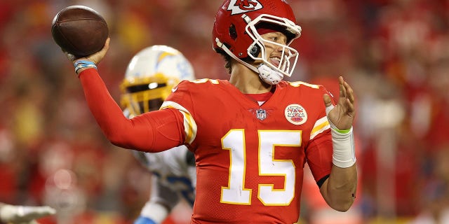 Patrick Mahomes #15 of the Kansas City Chiefs throws the ball in the third quarter against the Los Angeles Chargers at Arrowhead Stadium in Kansas City, Missouri, September 15, 2022.