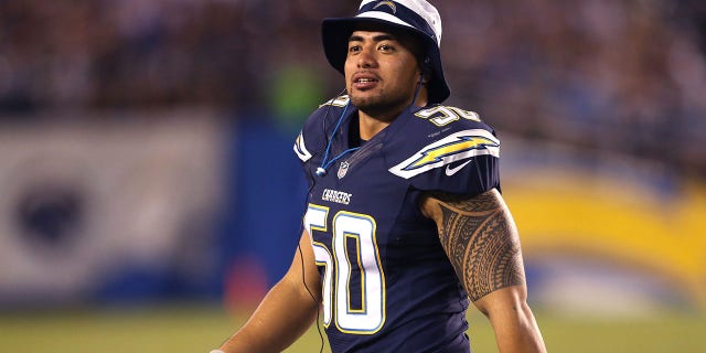 Linebacker Manti Te'o #50 of the San Diego Chargers walks on the field during the game with the Seattle Seahawks during preseason at Qualcomm Stadium on Aug. 29, 2015 in San Diego, California. The Seahawks won 16-15.