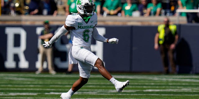 Marshall quarterback Micah Abraham celebrates the sax against Notre Dame during the first half of an NCAA college football game in South Bend, Indiana, Saturday, September. 10, 2022.