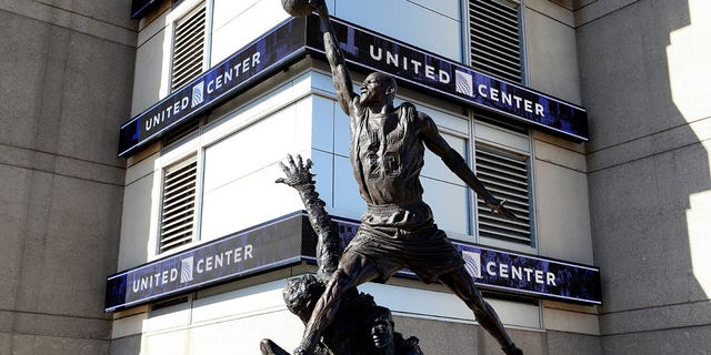 Omri Amrany and Julie Rotblatt-Amrany's Michael Jordan statue, officially known as 'The Spirit' sits outside the United Center, home of the Chicago Bulls basketball team and Chicago Blackhawks hockey team in Chicago.