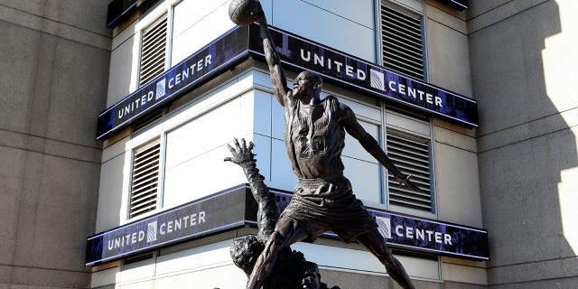 Omri Amrany and Julie Rotblatt-Amrany's Michael Jordan statue, officially known as 'The Spirit' sits outside the United Center, home of the Chicago Bulls basketball team and Chicago Blackhawks hockey team in Chicago.