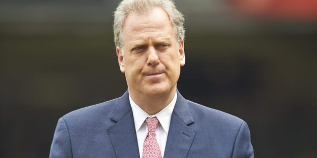 New York Yankees broadcaster Michael Kay during Joe Torre's number retirement ceremony before game vs Chicago White Sox at Yankee Stadium.  Bronx, NY 8/23/2014 