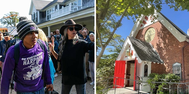 A migrant, at left, is directed forward on Martha's Vineyard. At right, the exterior of St. Andrew's Church is pictured. 