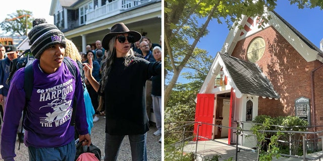 A migrant, at left, is directed forward on Martha's Vineyard. At right, the exterior of St. Andrew's Church is pictured. 