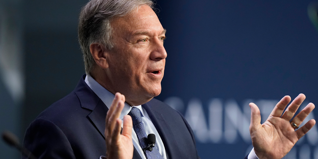 Former Secretary of State Mike Pompeo, a Republican presidential prospect, address an audience at an "Politics and Eggs" gathering Tuesday, Sept. 20, 2022, at Saint Anselm College, in Manchester, N.H.