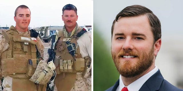 Cole Lyle (left) and another Marine. Today (right) he is with Mission Roll Cole. Through his advocacy, Lyle addresses, among other issues, the critical issue of veteran suicide.